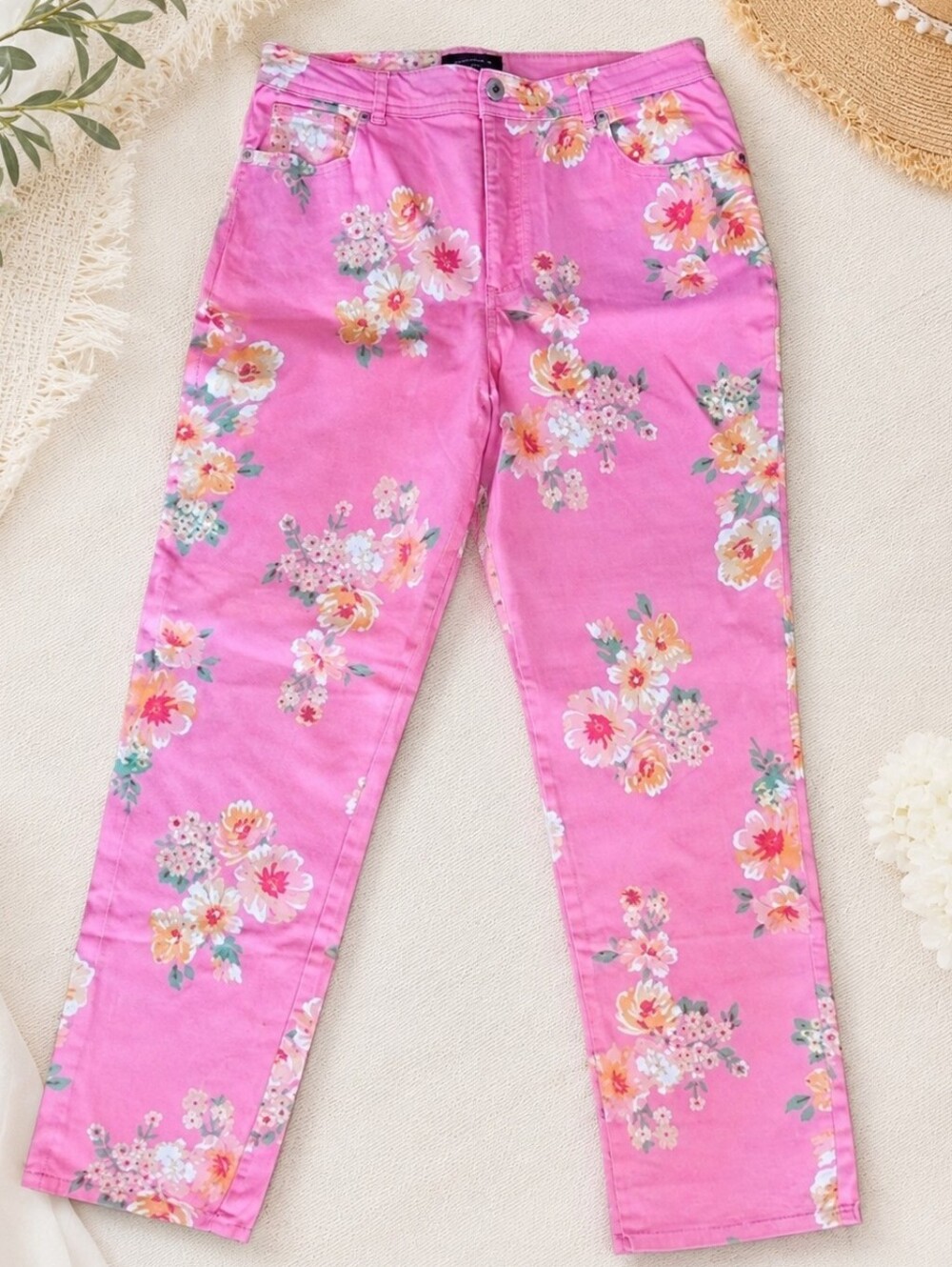 Cottagecore Pink Floral Straight Leg Jeans Size 14